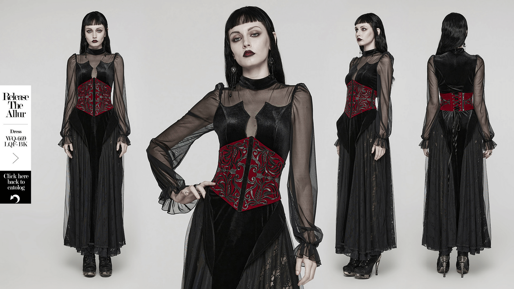 Gothic female model in velvet corset waistband with floral embroidery and lace-up back, exuding dark romance style.