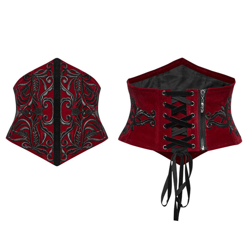 Gothic velvet corset waistband with black floral embroidery and lace-up back for a dramatic look.