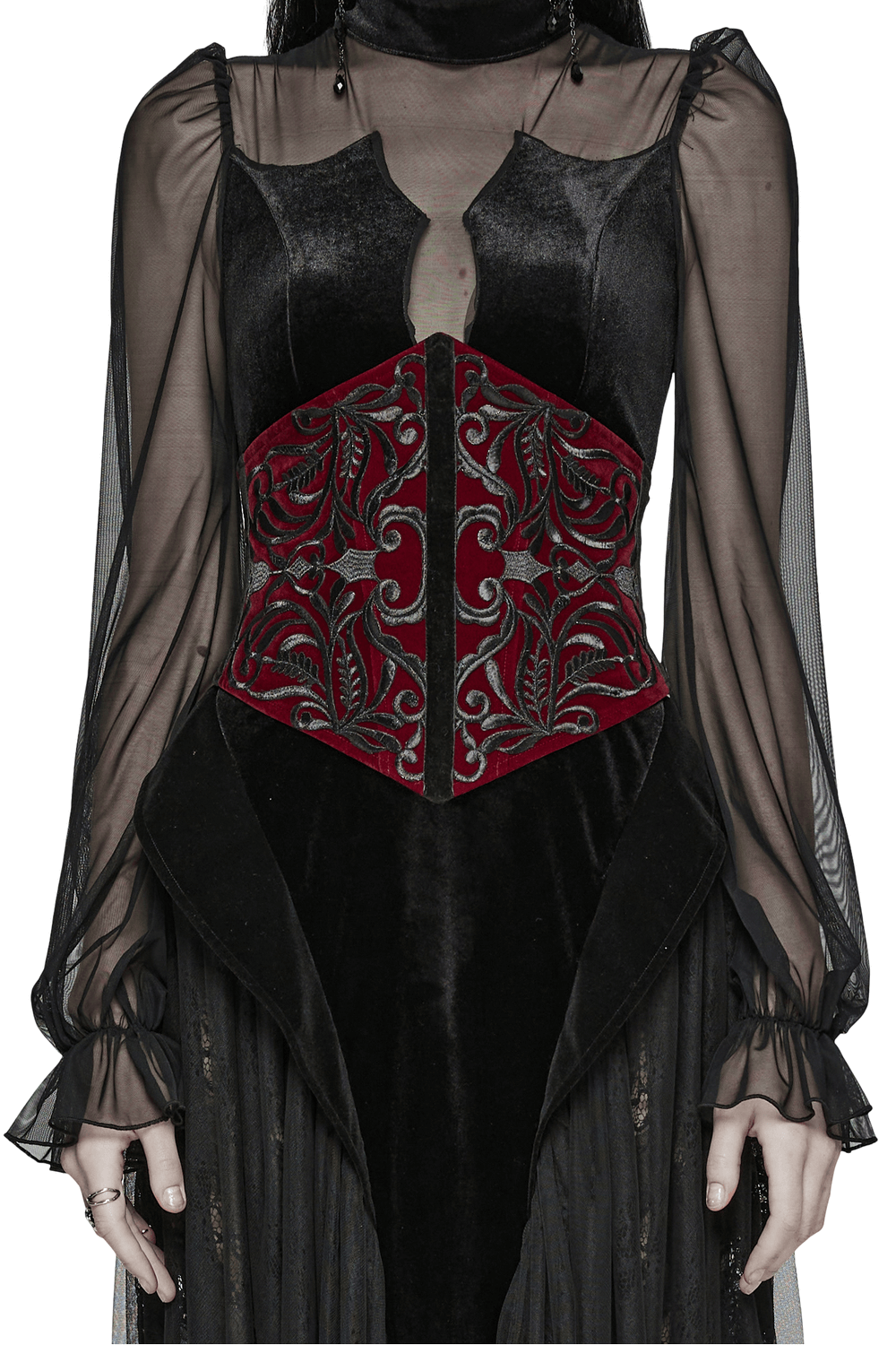 Gothic velvet corset waistband with red floral embroidery and lace-up back, perfect for dark romantic outfits.