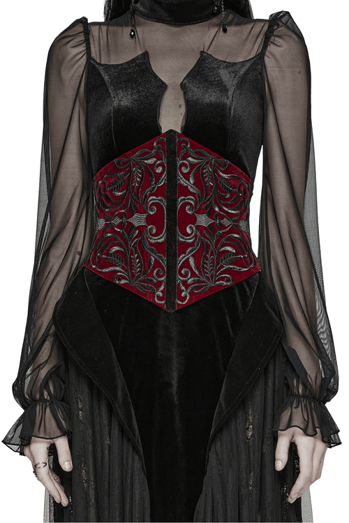 Gothic Female Velvet Corset Waistband with Floral Embroidery