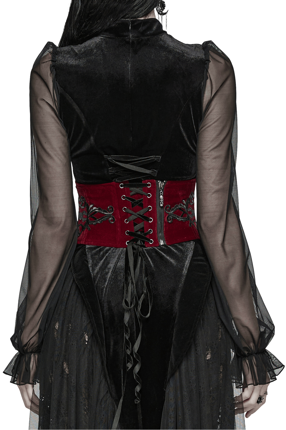 Gothic Female Velvet Corset Waistband with Floral Embroidery