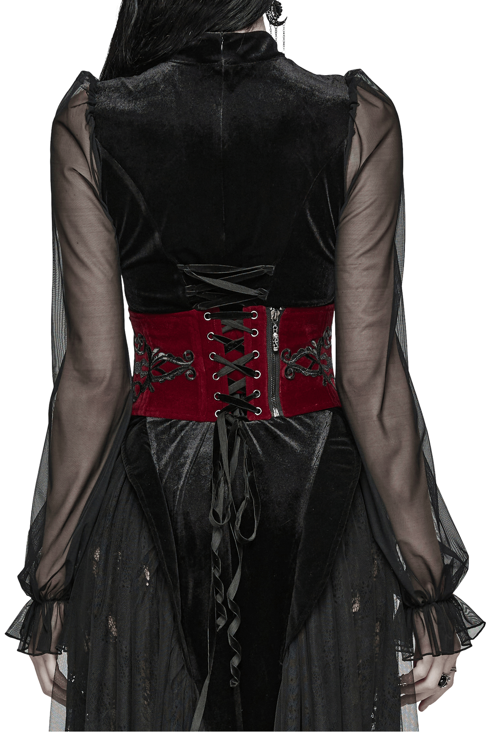 Gothic velvet corset belt with black floral embroidery and lace-up back, highlighting a dark romantic style.