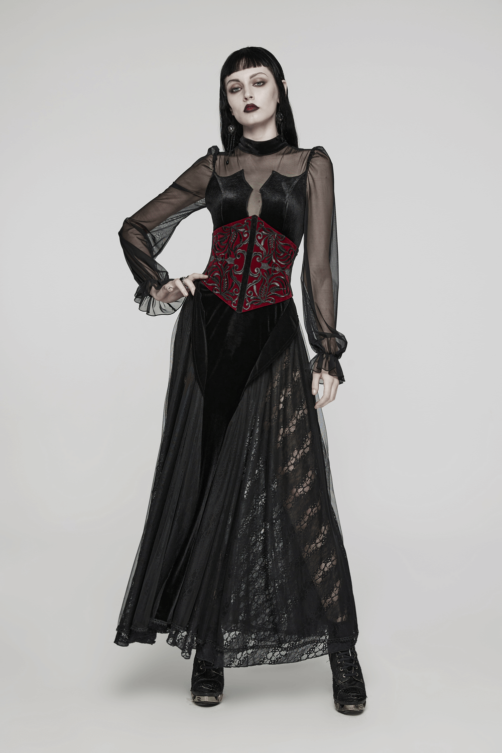 Gothic Female Velvet Corset Waistband with Floral Embroidery