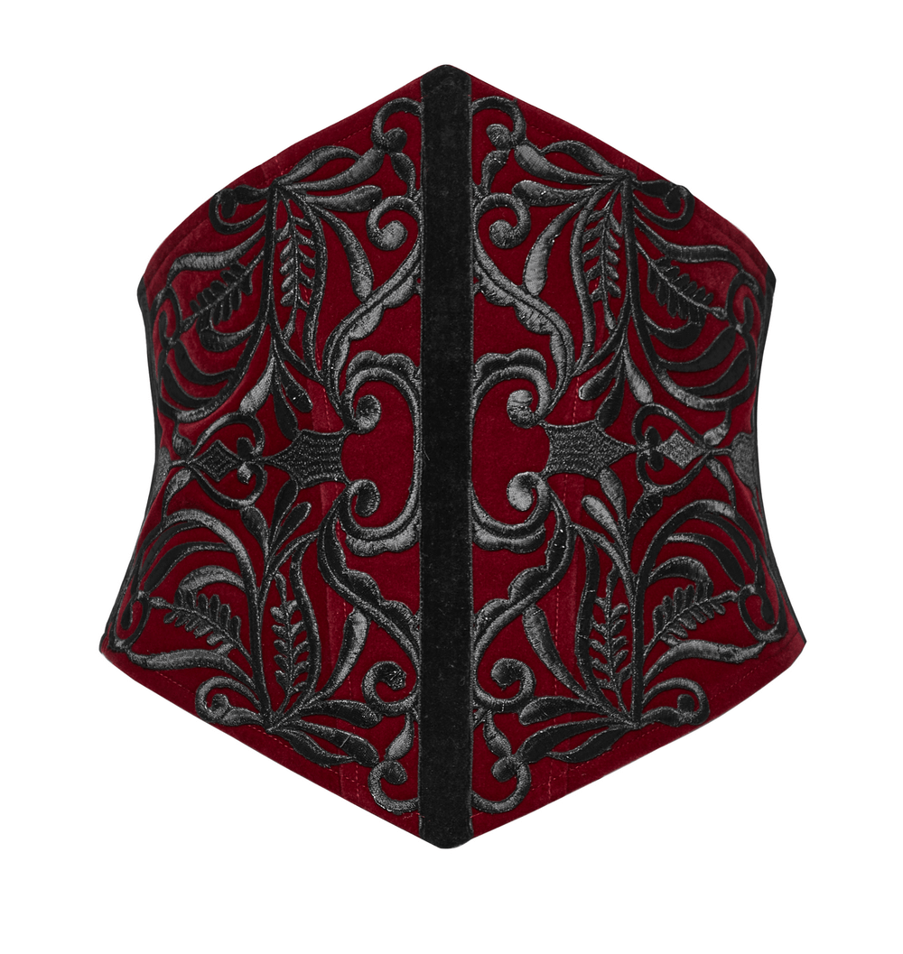Gothic velvet corset waistband with intricate floral embroidery and lace-up back for a dramatic silhouette.