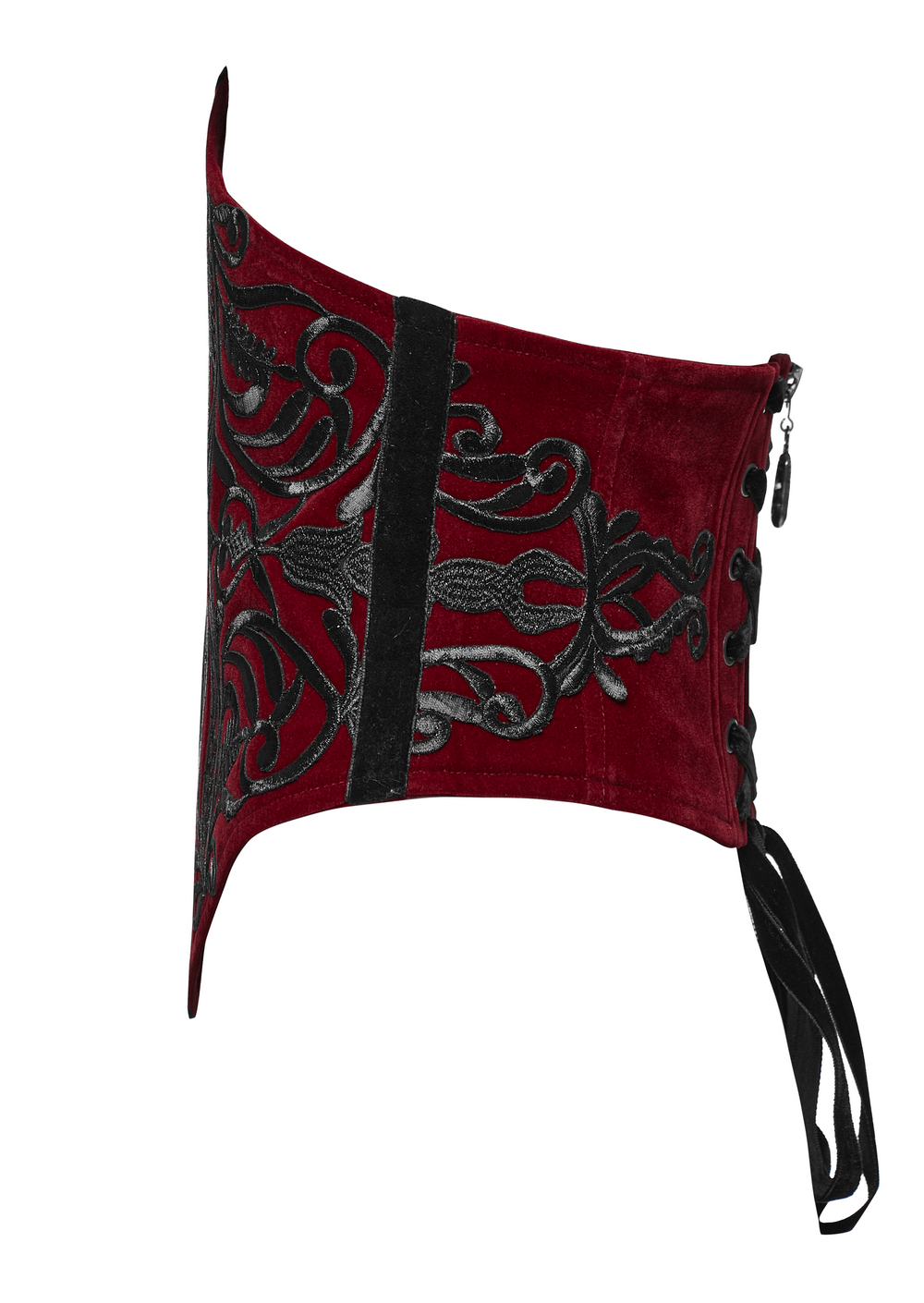 Gothic female velvet corset waistband with black floral embroidery and lace-up back for a dramatic look.