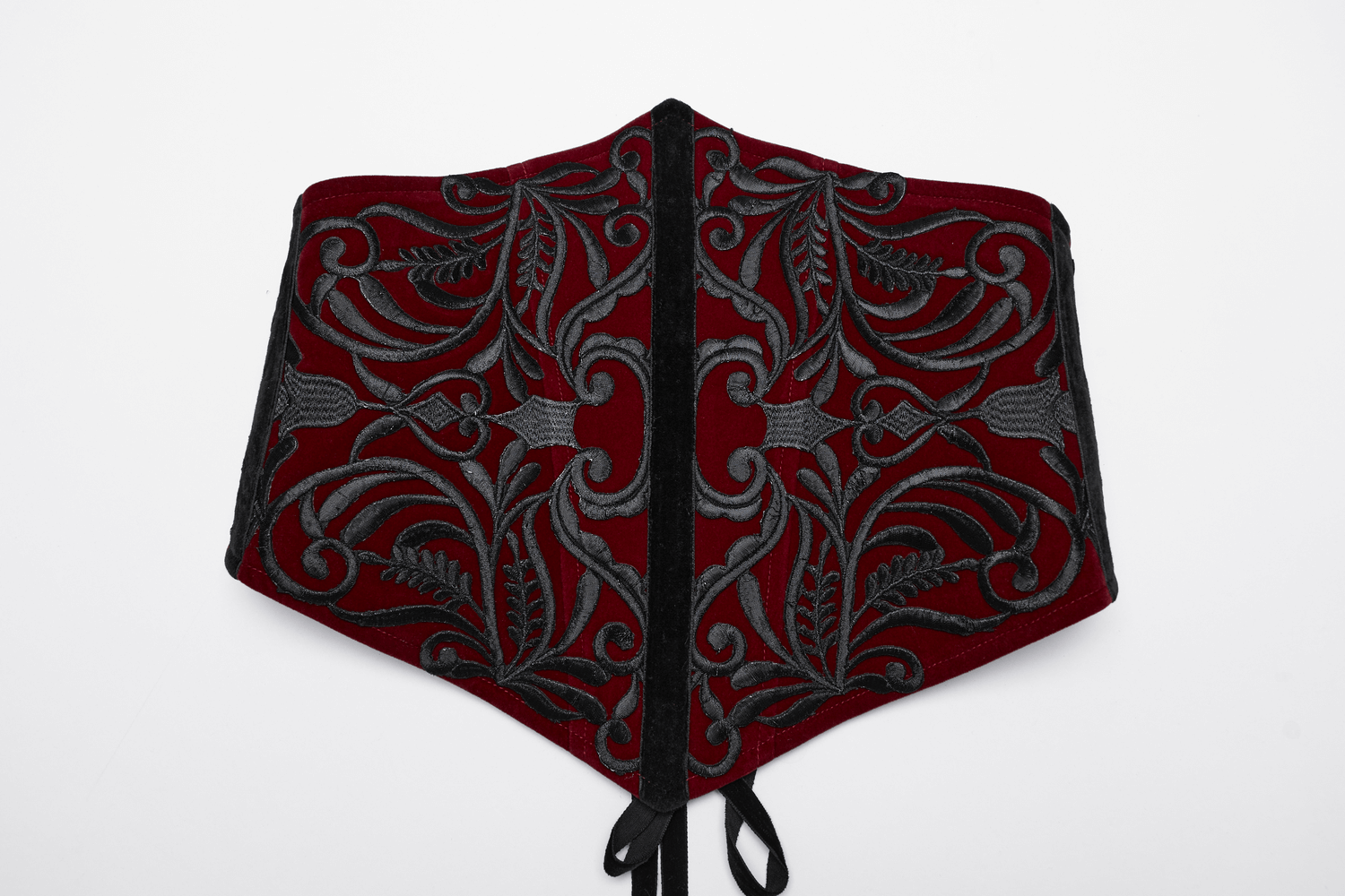 Gothic velvet corset waistband with black floral embroidery and lace-up back detail.