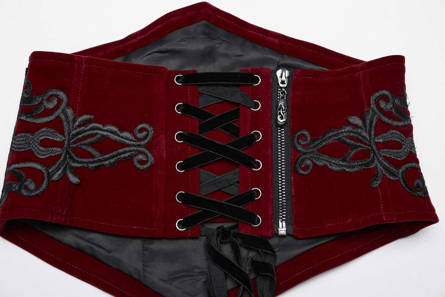 Gothic female velvet corset waistband with black lace-up back and floral embroidery, perfect for dark romantic outfits.