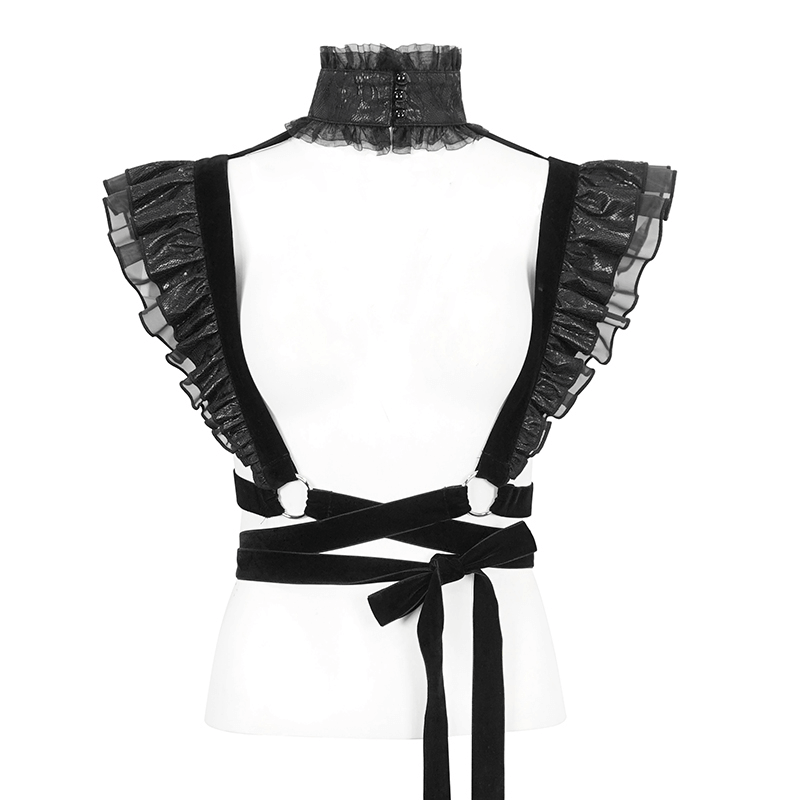 Gothic Female Velvet Ruffle Cross Belt Body Harness with Collar - HARD'N'HEAVY