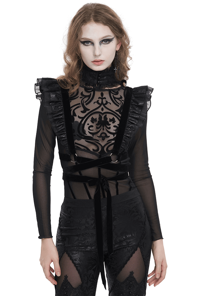 Gothic Female Velvet Ruffle Cross Belt Body Harness with Collar - HARD'N'HEAVY