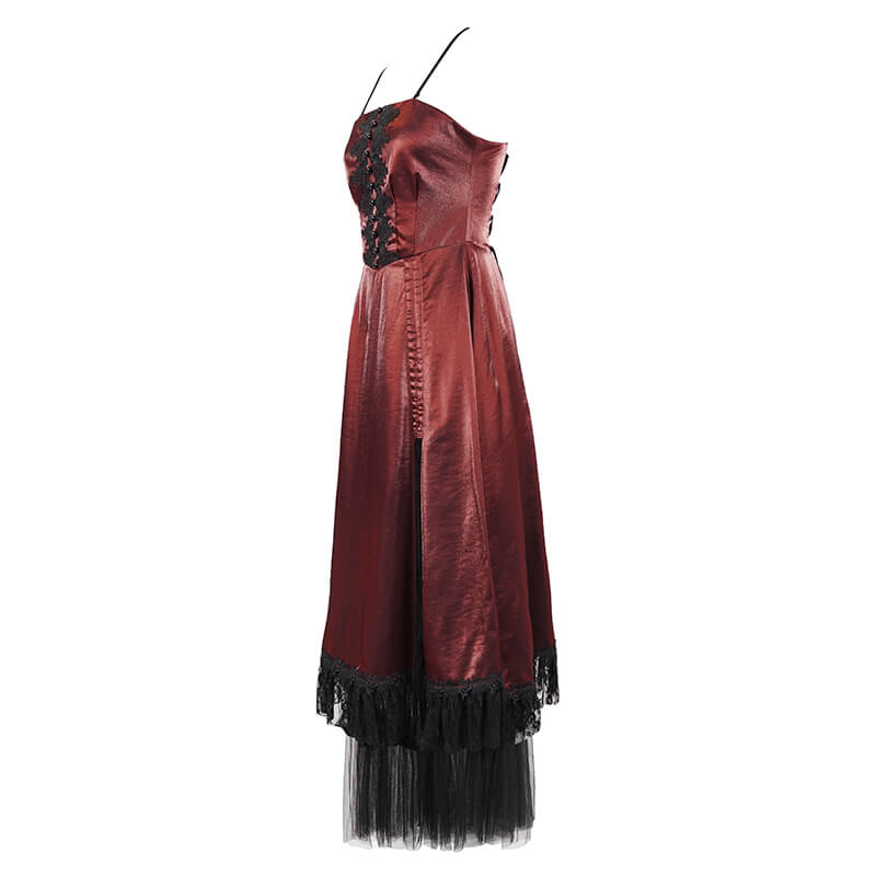 Gothic women's wine red dress with lace inserts and spaghetti straps, perfect for vintage-style outfits.