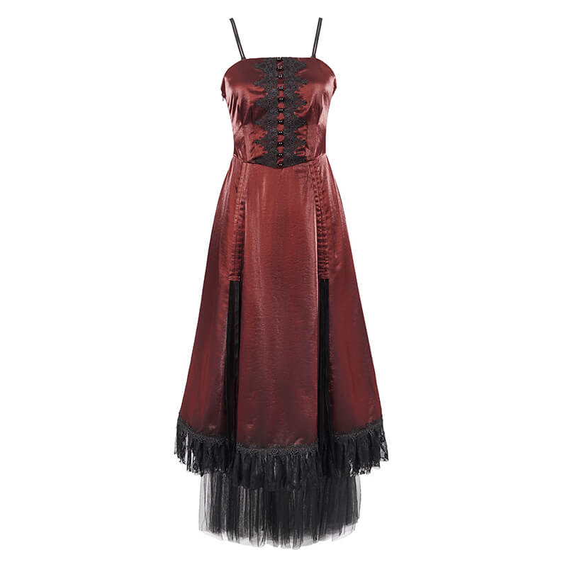 Gothic Female Wine Red Drawstring Lace Splice Slip Dress / Women's Long Dress with Straps - HARD'N'HEAVY