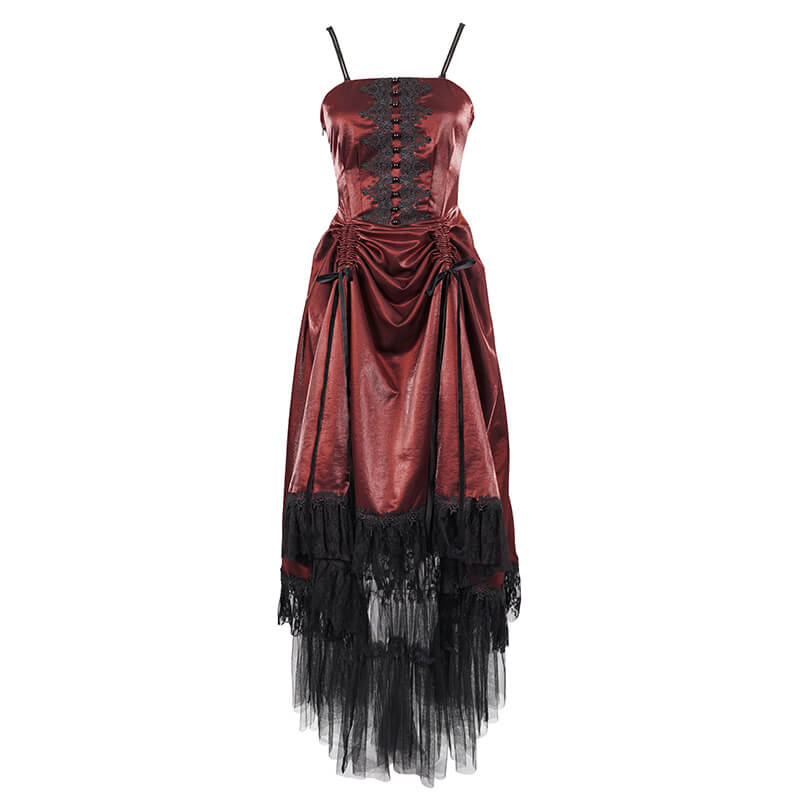 Gothic Female Wine Red Drawstring Lace Splice Slip Dress / Women's Long Dress with Straps - HARD'N'HEAVY