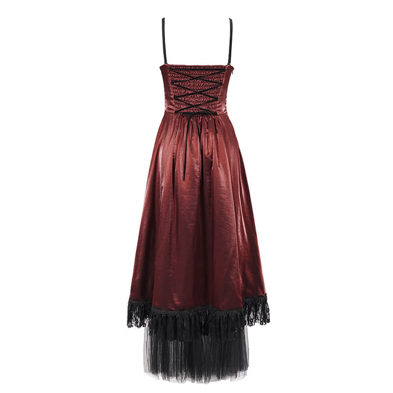 Gothic Female Wine Red Drawstring Lace Splice Slip Dress / Women's Long Dress with Straps - HARD'N'HEAVY