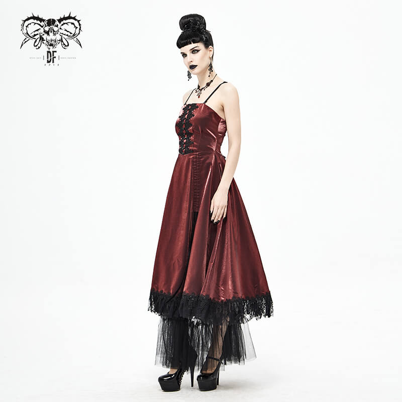 Gothic female model in wine red slip dress with lace detailing, showcasing a vintage elegant style.