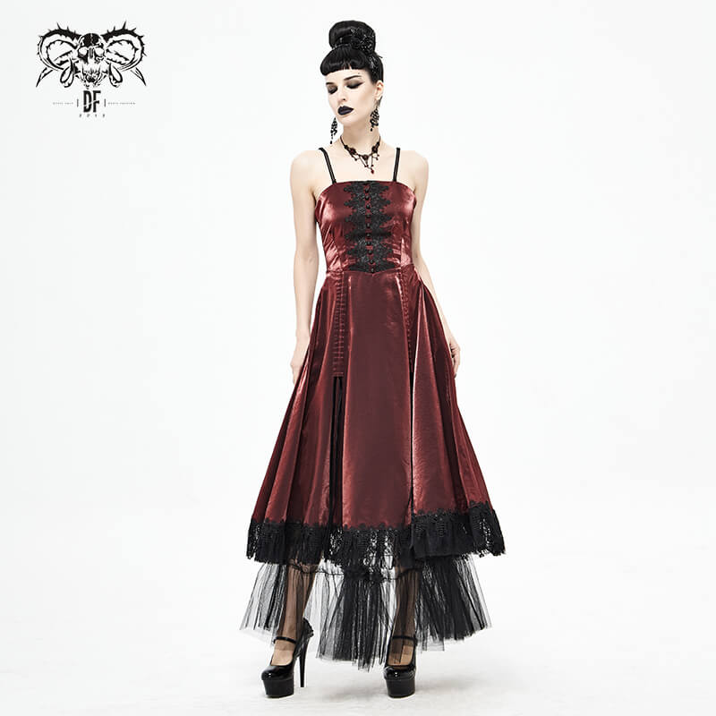 Gothic wine red dress with black lace inserts, perfect for vintage elegant style. Women's long slip dress with straps.