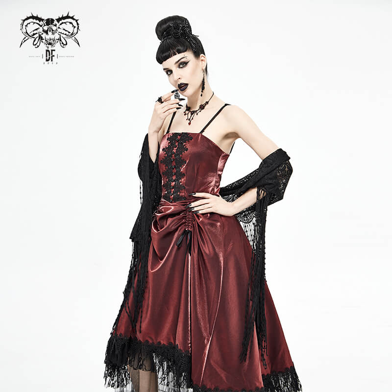 Gothic female model in wine red dress with black lace, showcasing vintage elegance and trendy style.