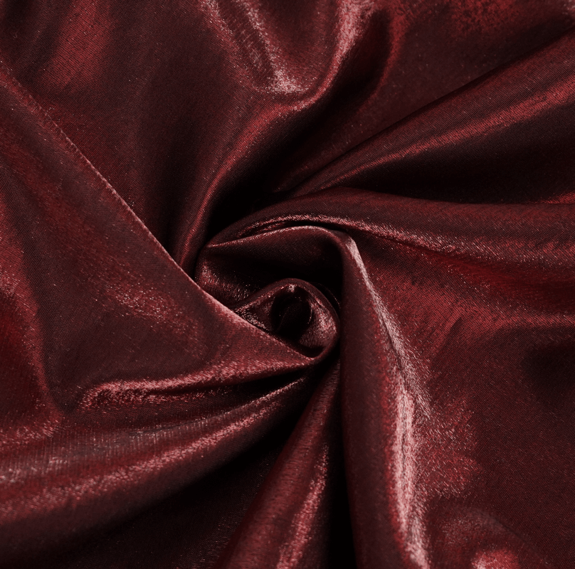 Deep wine red fabric swirl showcasing glossy texture ideal for gothic dress designs and elegant styles.