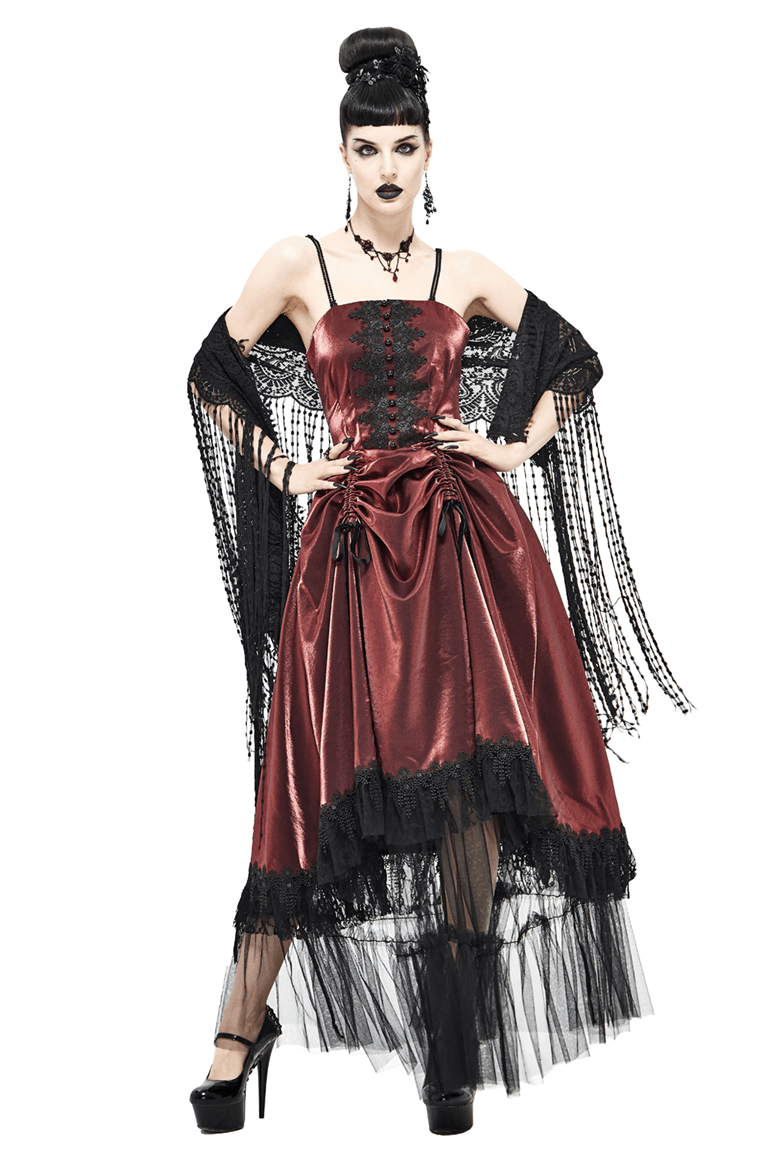 Gothic female model wearing a wine red drawstring lace splice slip dress with black lace accents.