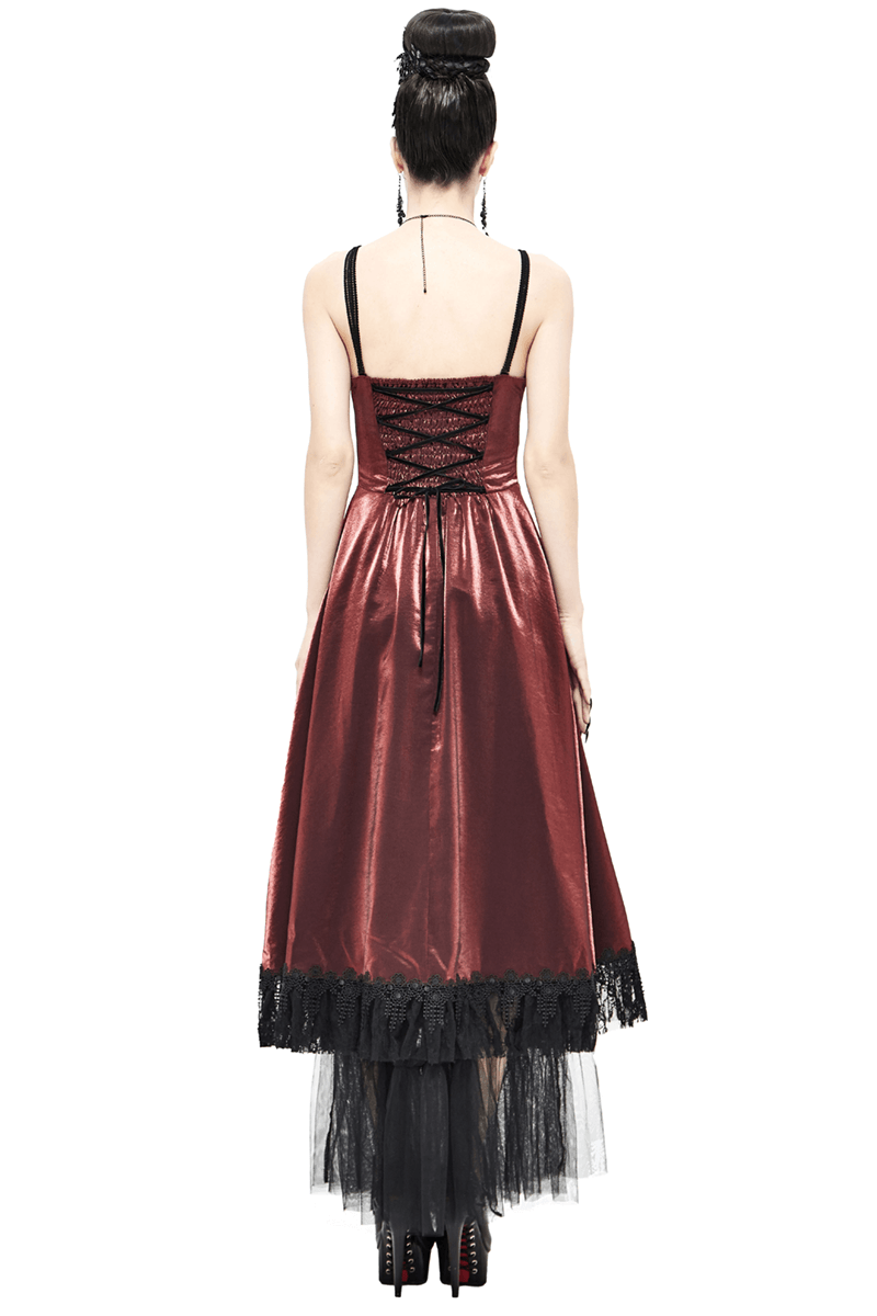 Back view of a gothic wine red dress with black lace, vintage style, and drawstring detail, perfect for stylish outfits.