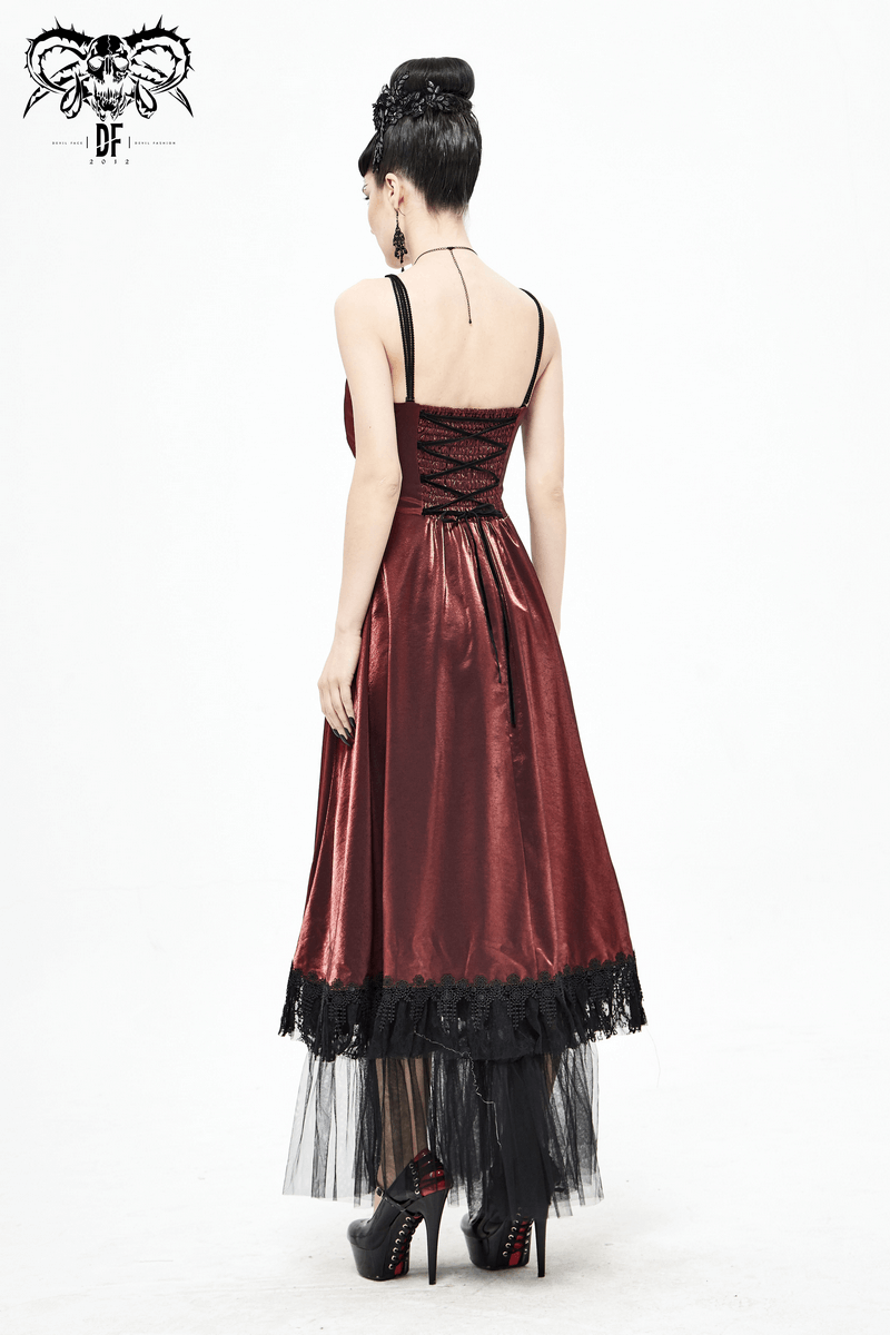 Back view of a gothic wine red long dress with lace details and drawstring, perfect for a vintage elegant style.