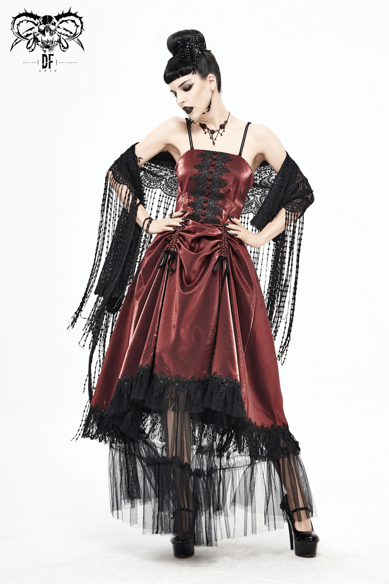 Gothic female model in wine red lace splice slip dress, showcasing vintage elegance and stylish design.
