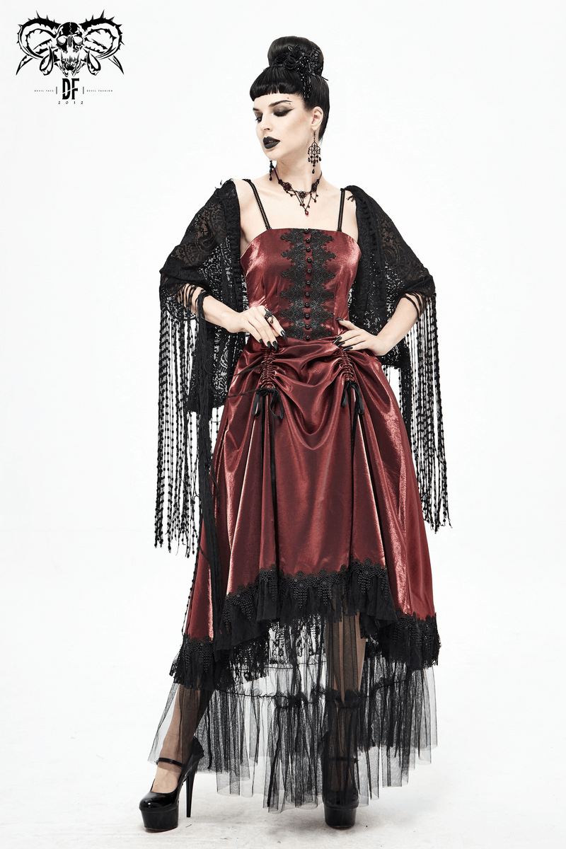 Gothic elegant wine red dress with lace inserts and black shawl, perfect for stylish vintage outfits.