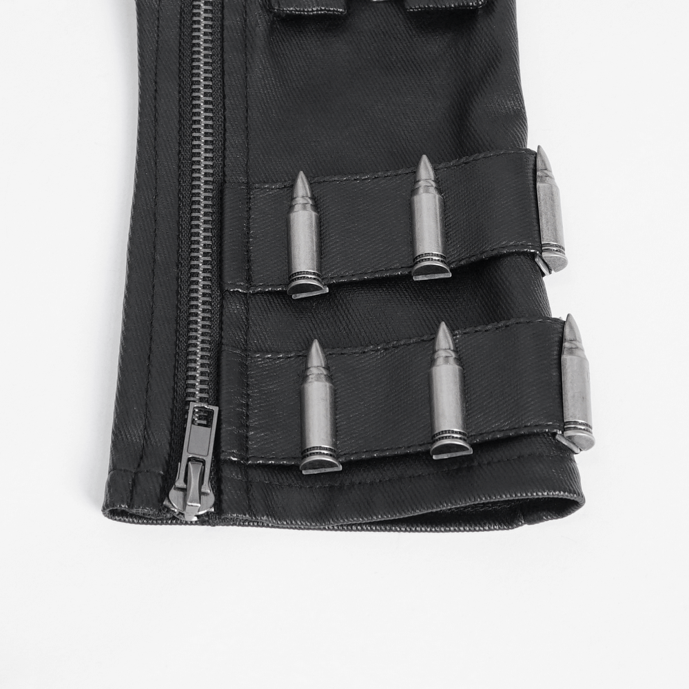 Close-up of gothic fingerless gloves featuring zipper, chain, and bullet accents for an edgy style.