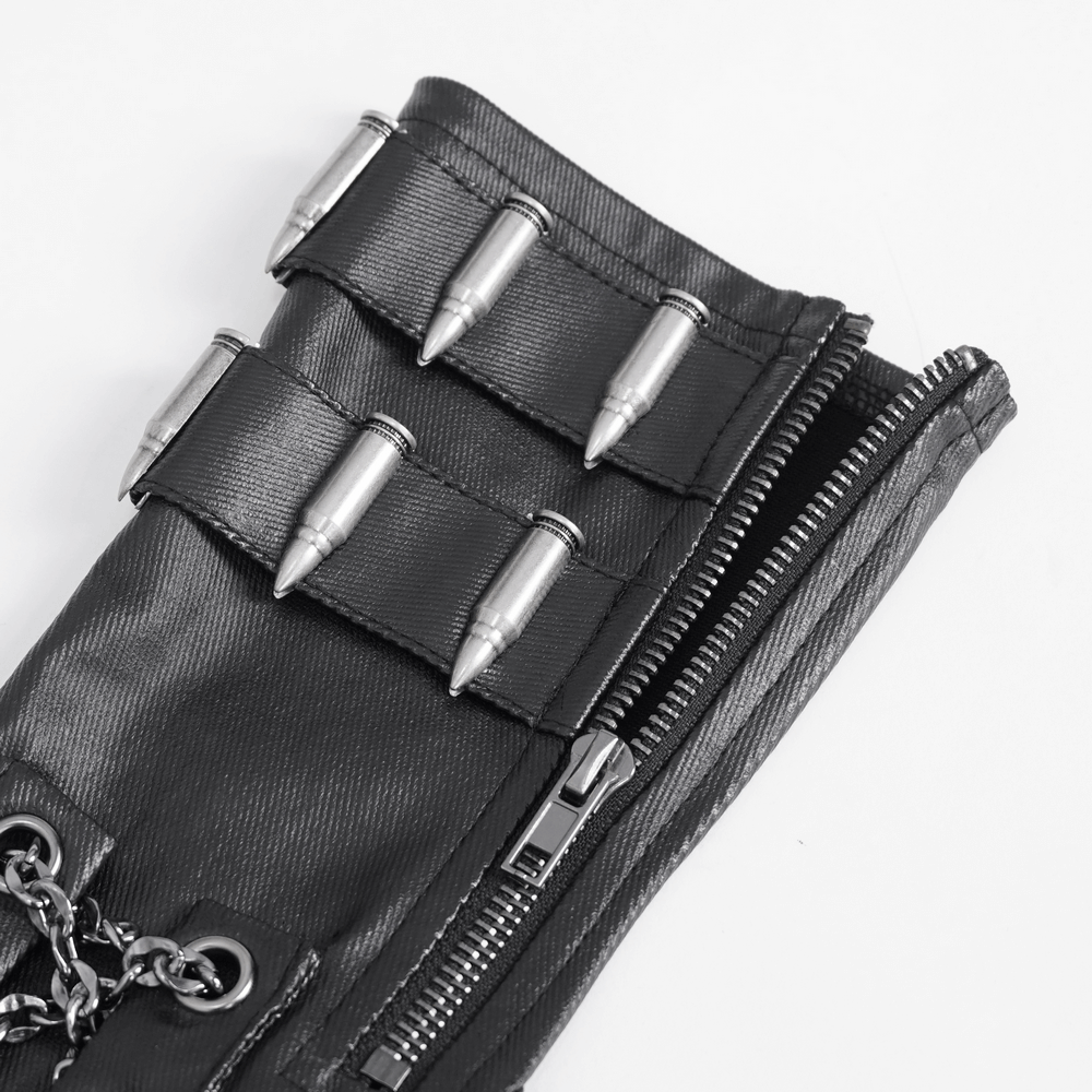 Close-up of gothic fingerless gloves with chain and bullet details, featuring a sleek zipper closure.