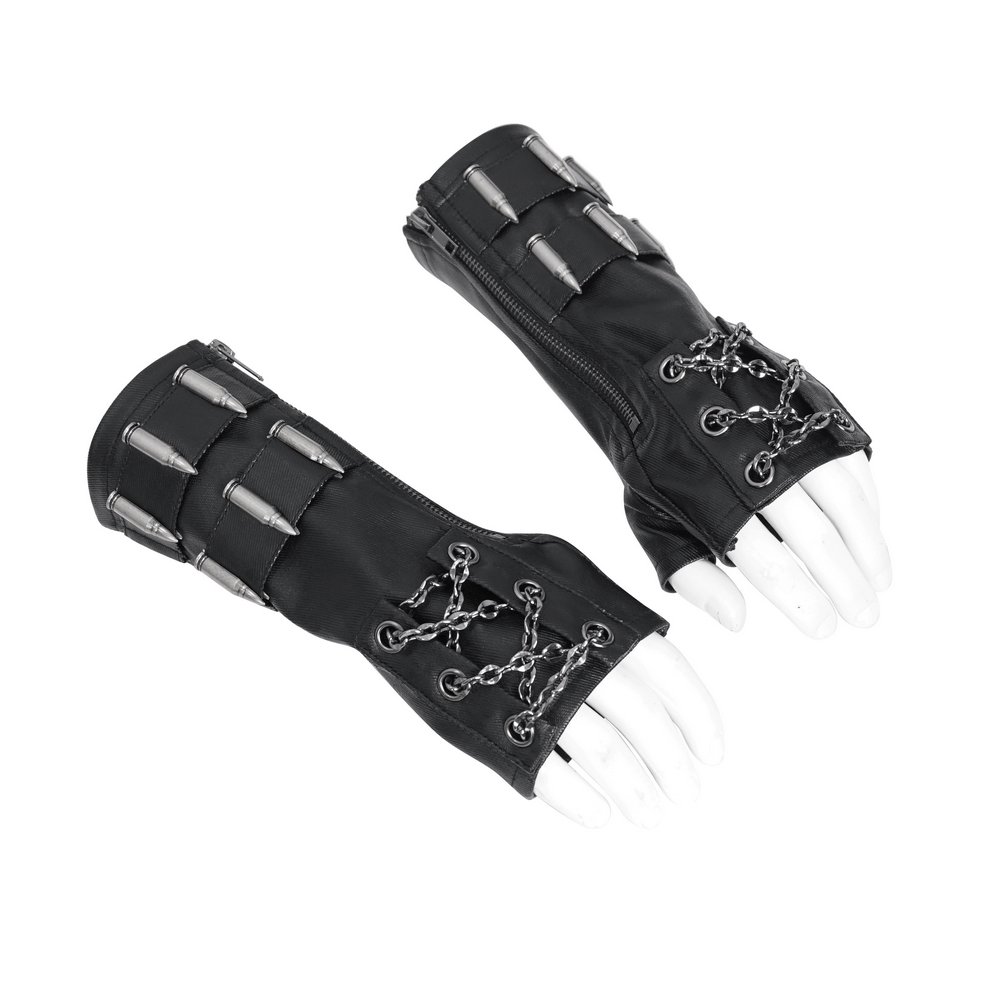 Gothic fingerless gloves with chain and bullet details for an edgy look, featuring zipper closure and durable materials.