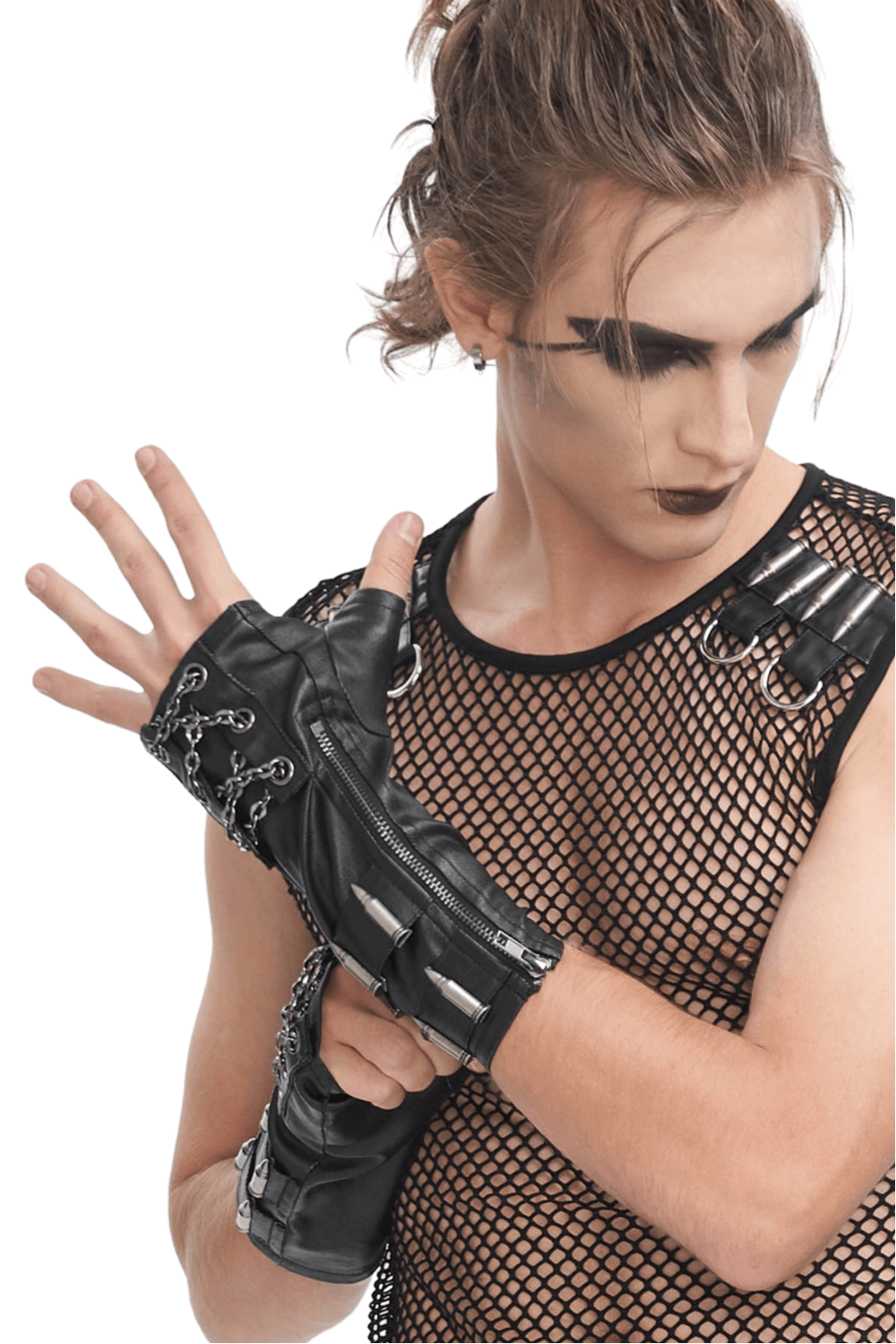 Gothic fingerless gloves with chain and bullet accents, showcasing edgy style and secure zipper closure.