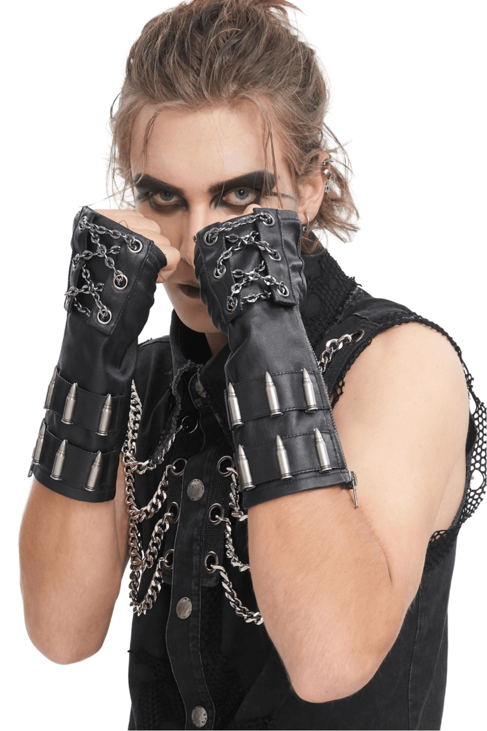 Gothic fingerless gloves with chain and bullet details, ideal for edgy fashion and dark aesthetics.