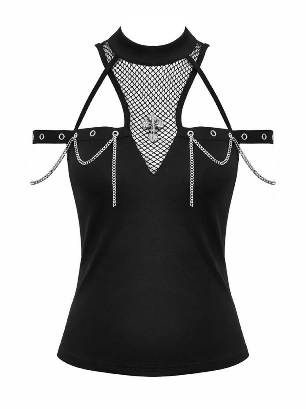 Gothic Fishnet Chain Halter Tank Top for Women featuring a fishnet yoke and silver-tone chain accents.