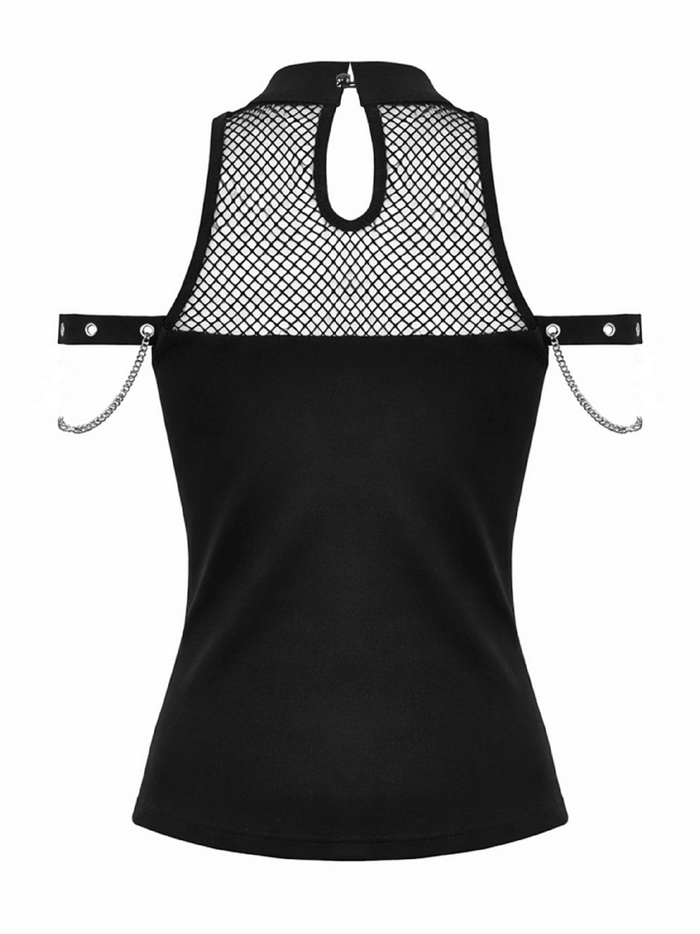 Gothic Fishnet Chain Halter Tank Top for Women featuring fishnet yoke and cold shoulder design with silver-tone chains.