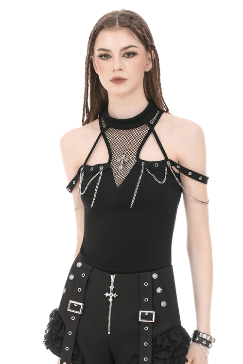 Top halter de red con cadena gótico para mujer