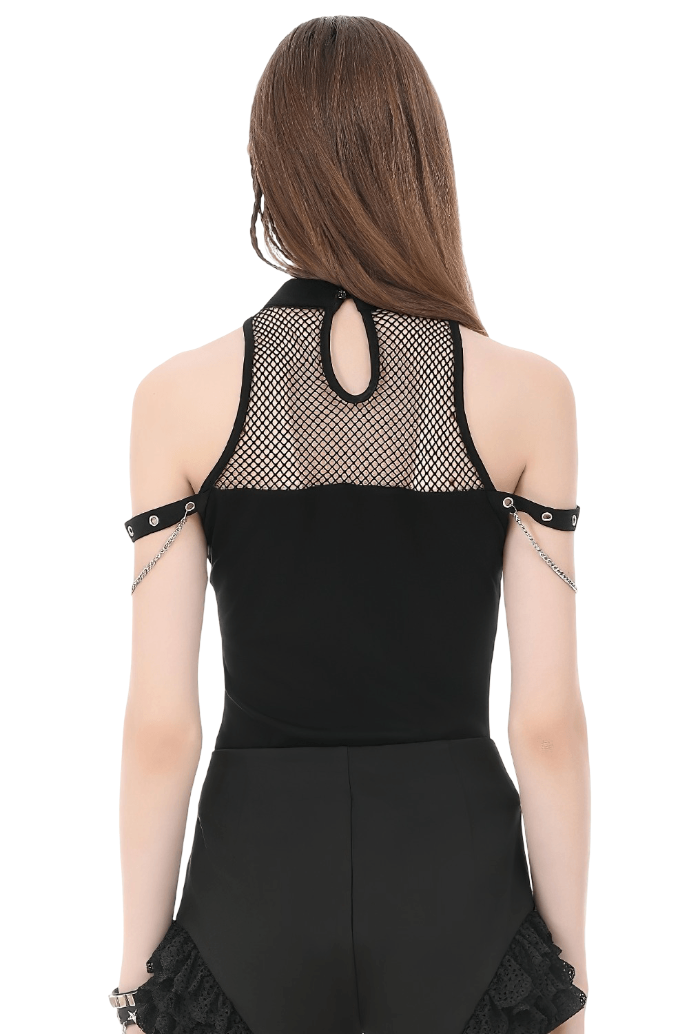 Gothic Fishnet Chain Halter Tank Top for Women showcasing a unique fishnet design and stylish chain accents from the back.