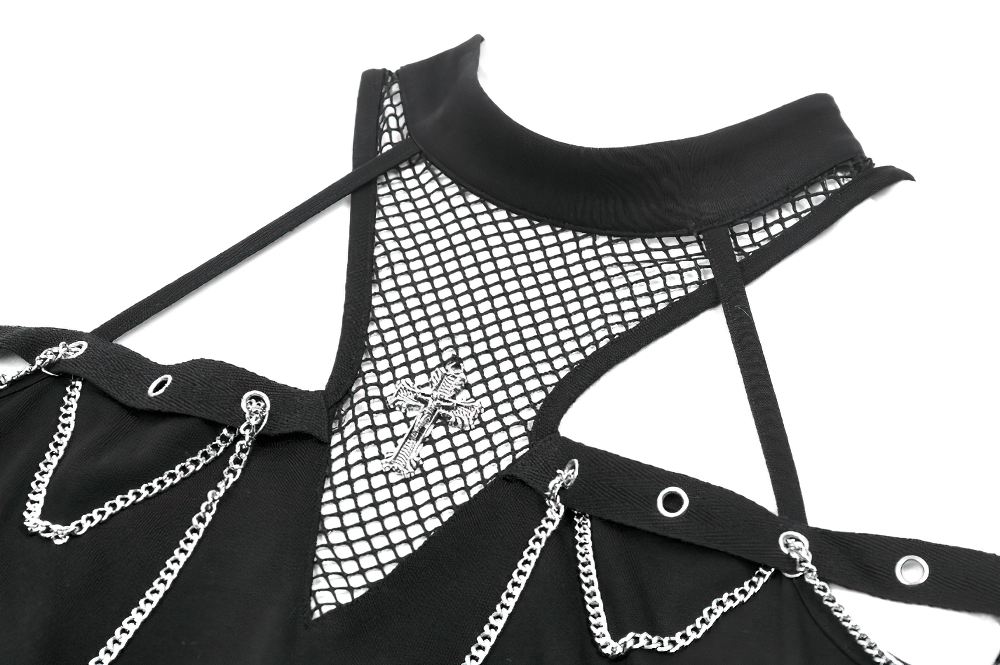 Gothic Fishnet Chain Halter Tank Top for Women showcasing fishnet yoke and silver-tone chain detailing.
