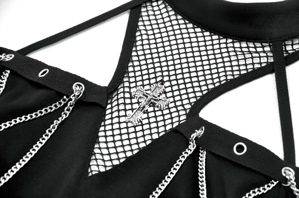 Gothic Fishnet Chain Halter Tank Top for Women featuring fishnet yoke, silver-tone chains, and a striking pendant.