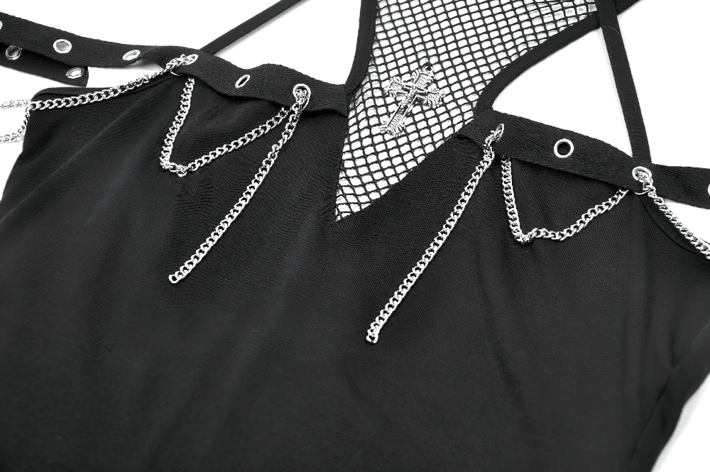 Gothic Fishnet Chain Halter Tank Top for Women showcasing black fishnet yoke and silver-tone chain details.