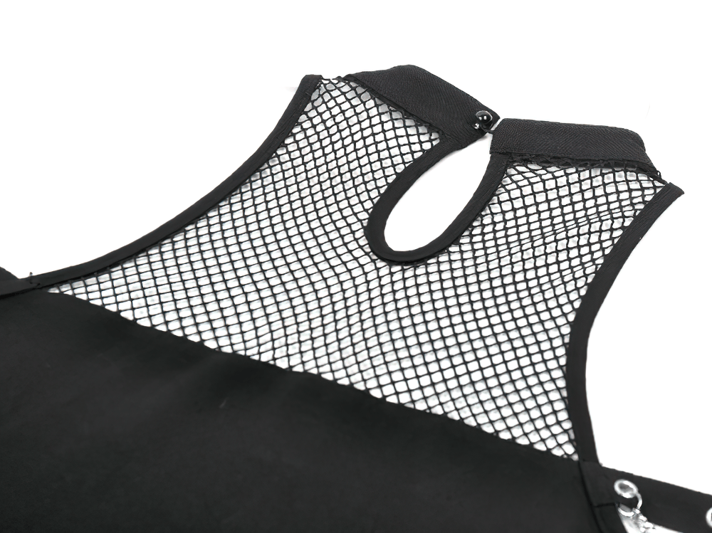 Gothic Fishnet Chain Halter Tank Top for Women showcasing a black fishnet yoke and stylish chain details.
