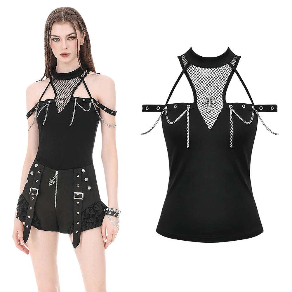Gothic Fishnet Chain Halter Tank Top for Women featuring black fishnet yoke, cold shoulder straps, and silver-tone chains.