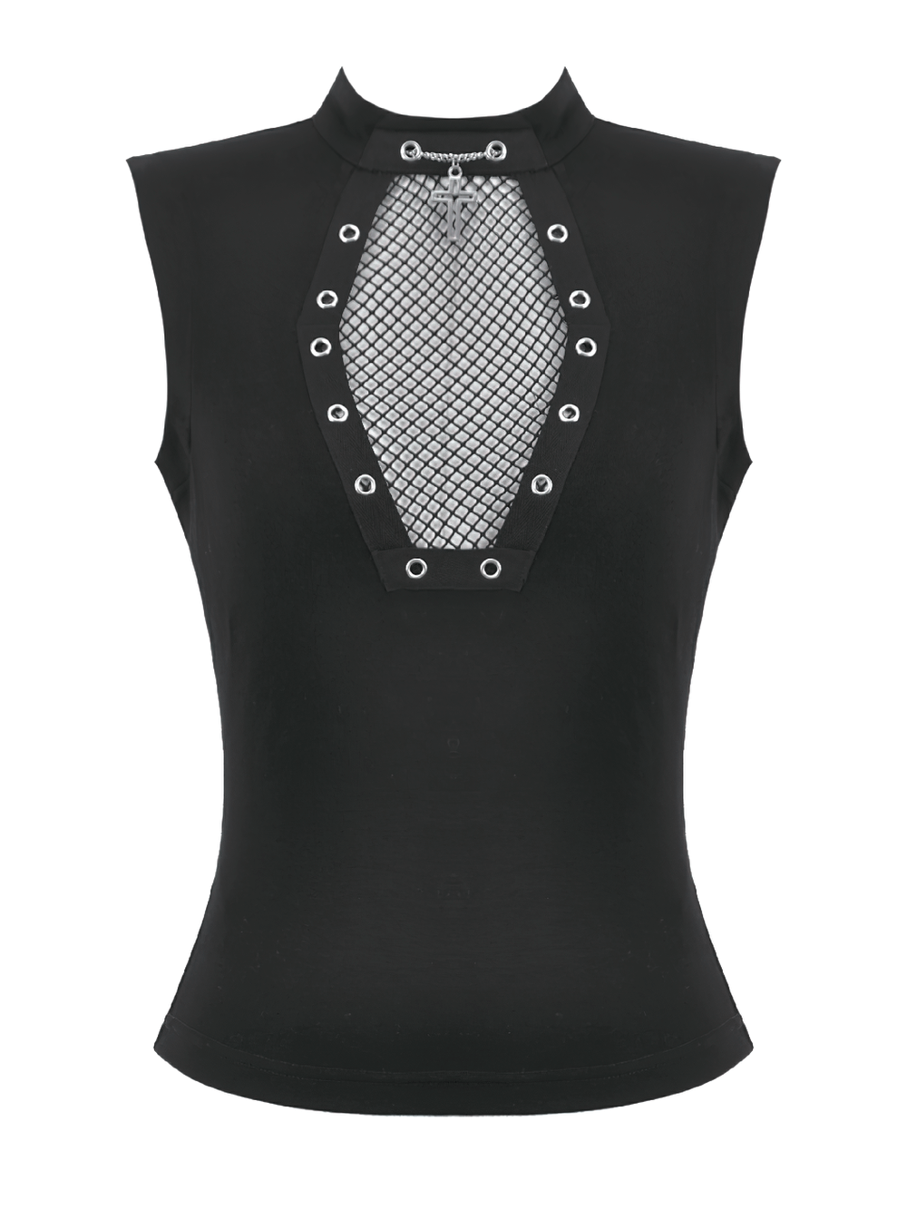 Gothic Fishnet Cutout Sleeveless Mock Neck Top with grommets and chain detail for an edgy look.