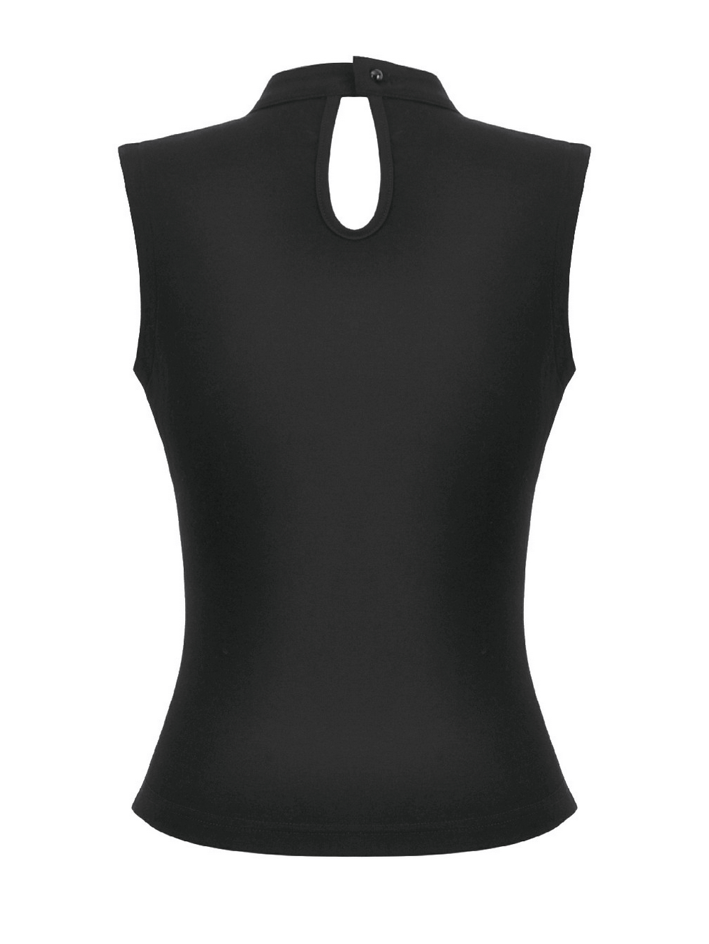 Back view of Gothic Fishnet Cutout Sleeveless Mock Neck Top showcasing keyhole detail and sleek fit.