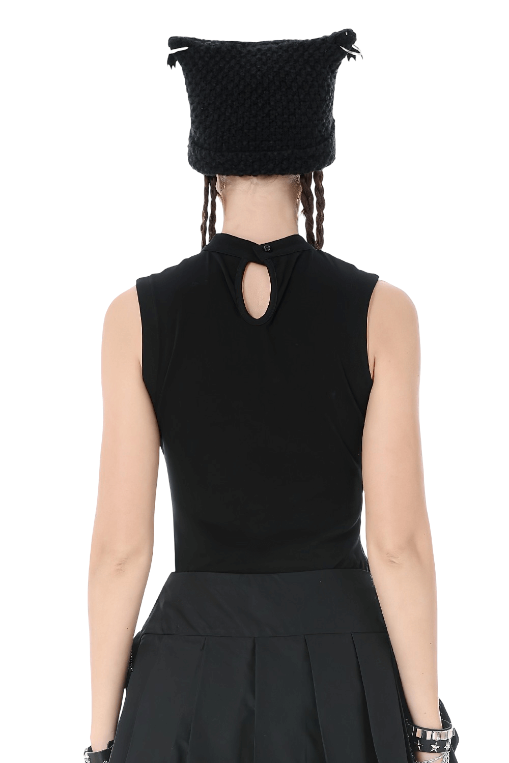 Gothic Fishnet Cutout Sleeveless Mock Neck Top featuring back keyhole closure and stylish hat