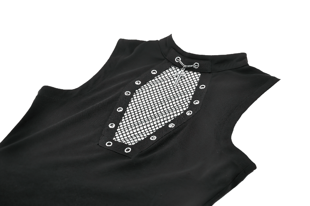Gothic Fishnet Cutout Sleeveless Mock Neck Top with metal grommets and chain detail.