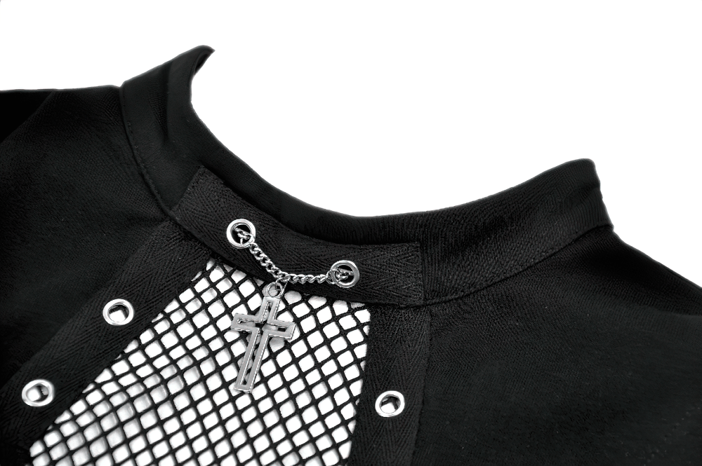 Gothic Fishnet Cutout Sleeveless Mock Neck Top featuring grommets and chain detail with cross charm.