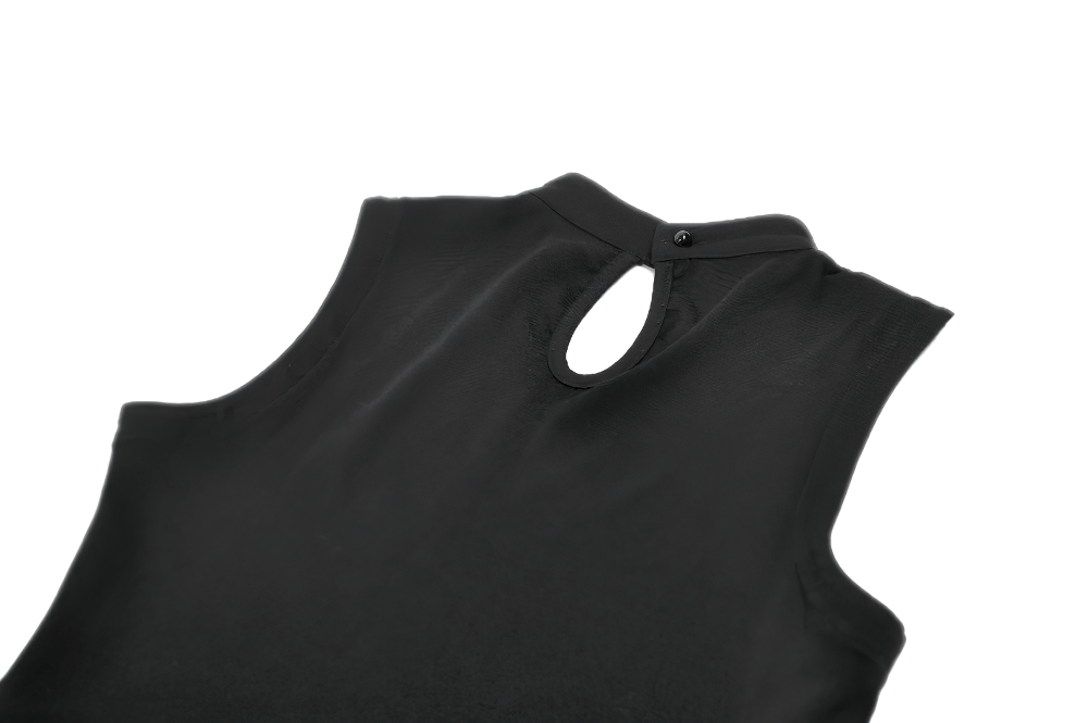 Gothic Fishnet Cutout Sleeveless Mock Neck Top showcasing the back keyhole closure detail.