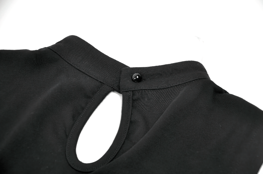Back view of the Gothic Fishnet Cutout Sleeveless Mock Neck Top showcasing the keyhole closure and button detail.