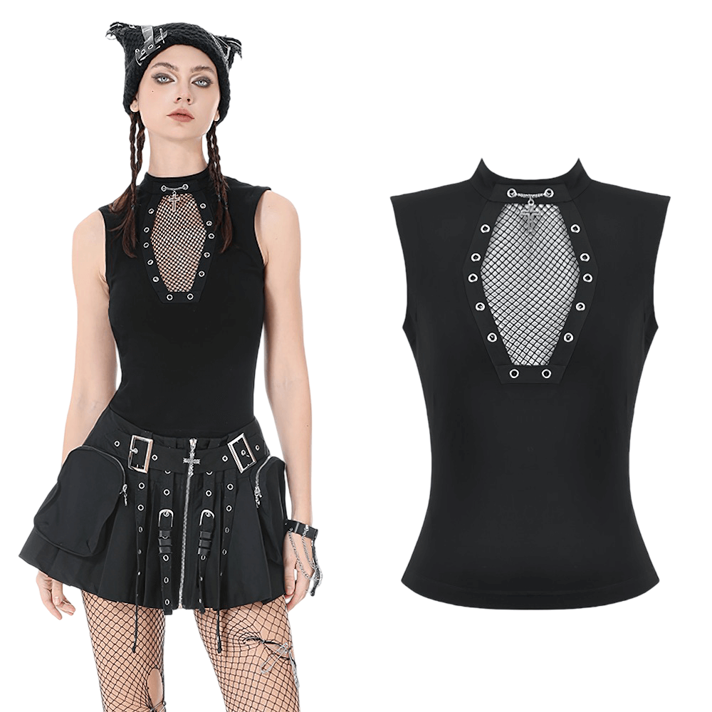 Gothic Fishnet Cutout Sleeveless Mock Neck Top featuring a bold keyhole design and metal grommet details.