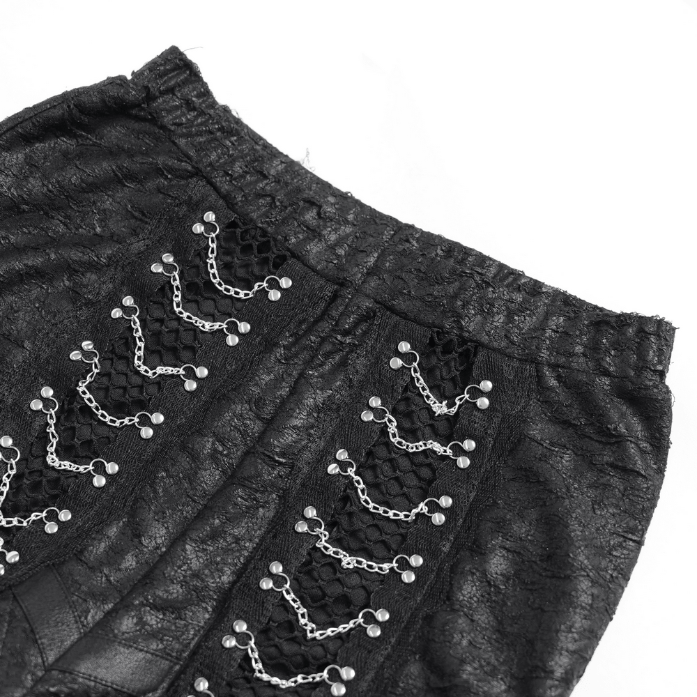 Gothic Fishnet Lace Up Flare Pants with Chains featuring silver chain accents and textured high waist.
