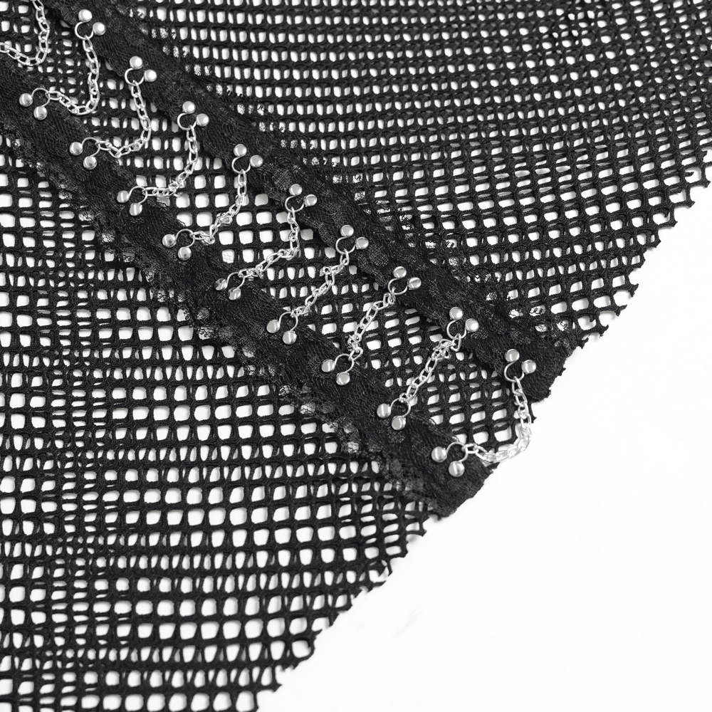 Gothic Fishnet Lace Up Flare Pants with Chains showcasing intricate silver accents and textured fishnet fabric.